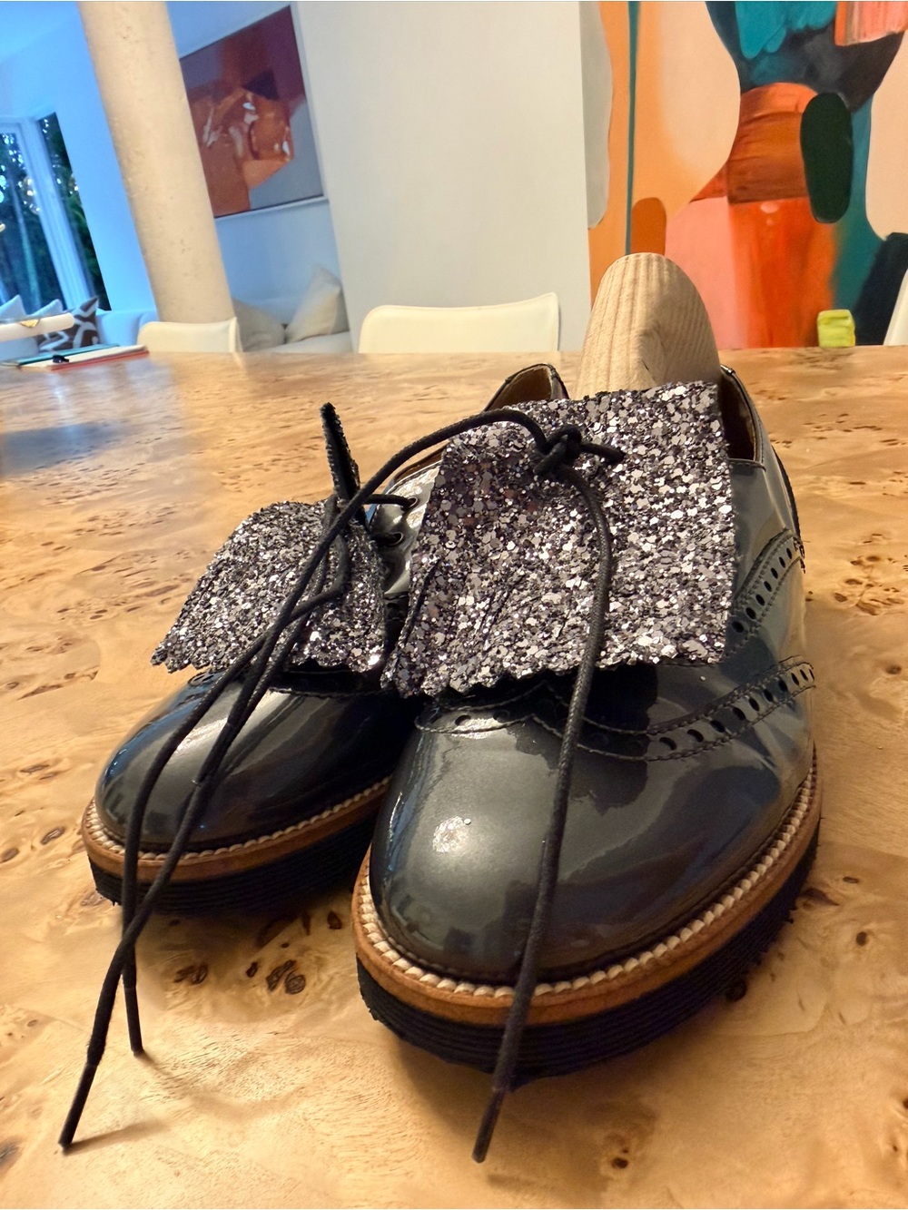 Women's Black Patent Lace-Up Brogues with Glitter Kiltie